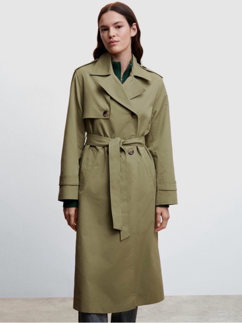 Mango Water Repellent Olive Trench Coat with Waist Tie
